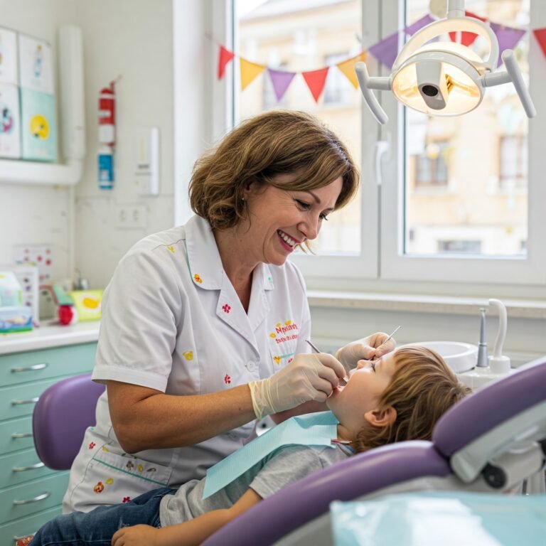 Dentista examinando los dientes de un niño pequeño en Logroño.